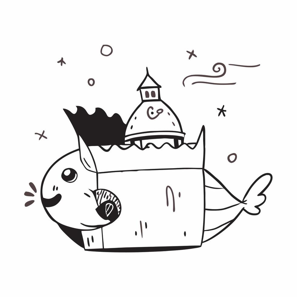 Clean Fish and Castle concept as Fish swimming with a castle decoration and ample copy space symbolizing the decorative elements in pet fish aquariums in Photo Stock Concept vector