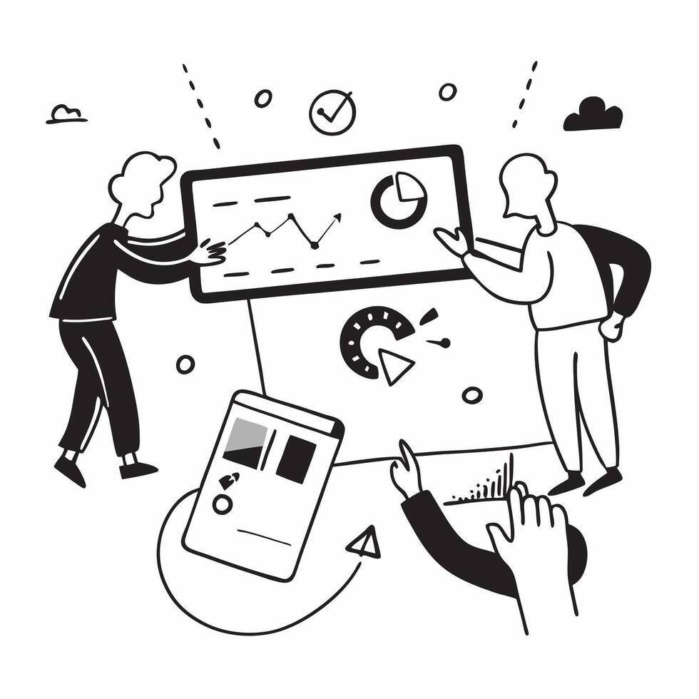 Clean Financial team collaborating on budget planning concept as A icon illustration of a financial team collaborating on budget planning using charts and digital tools with an 8 color vector