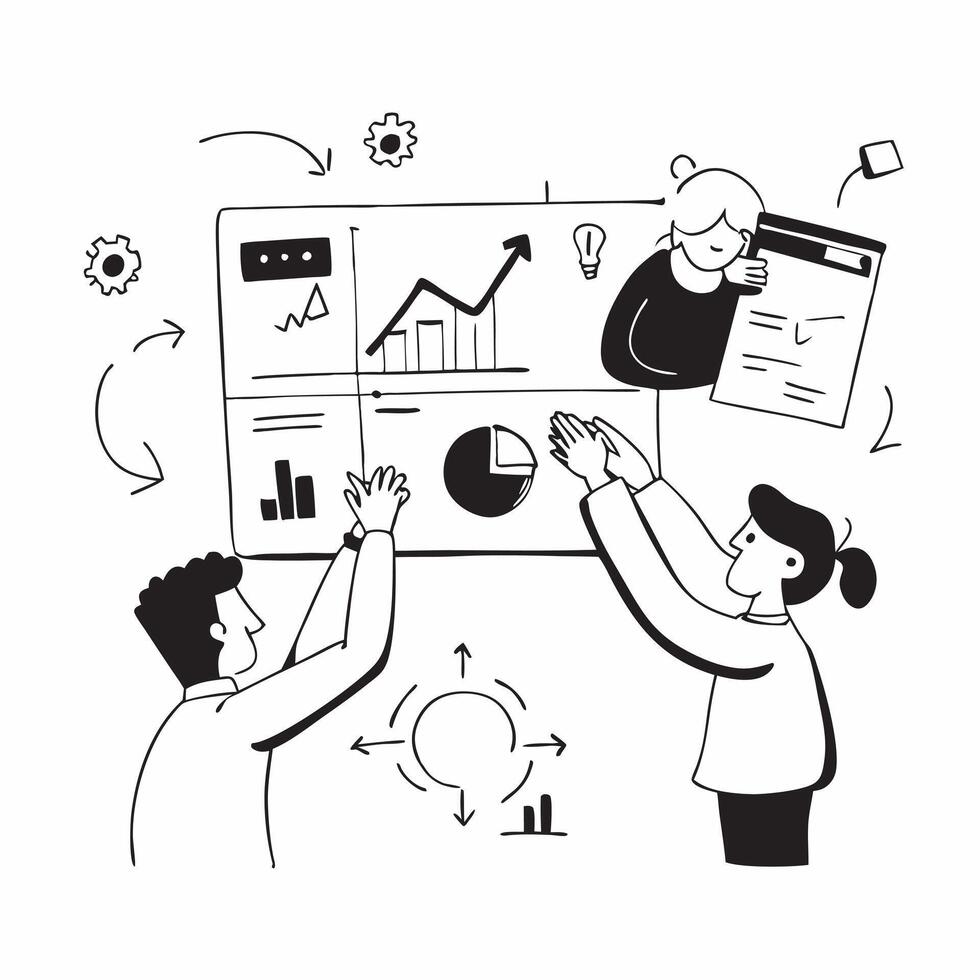 Clean Finance team collaborating on financial forecasting concept as A icon illustration of a finance team collaborating on financial forecasting using charts and digital tools with an vector