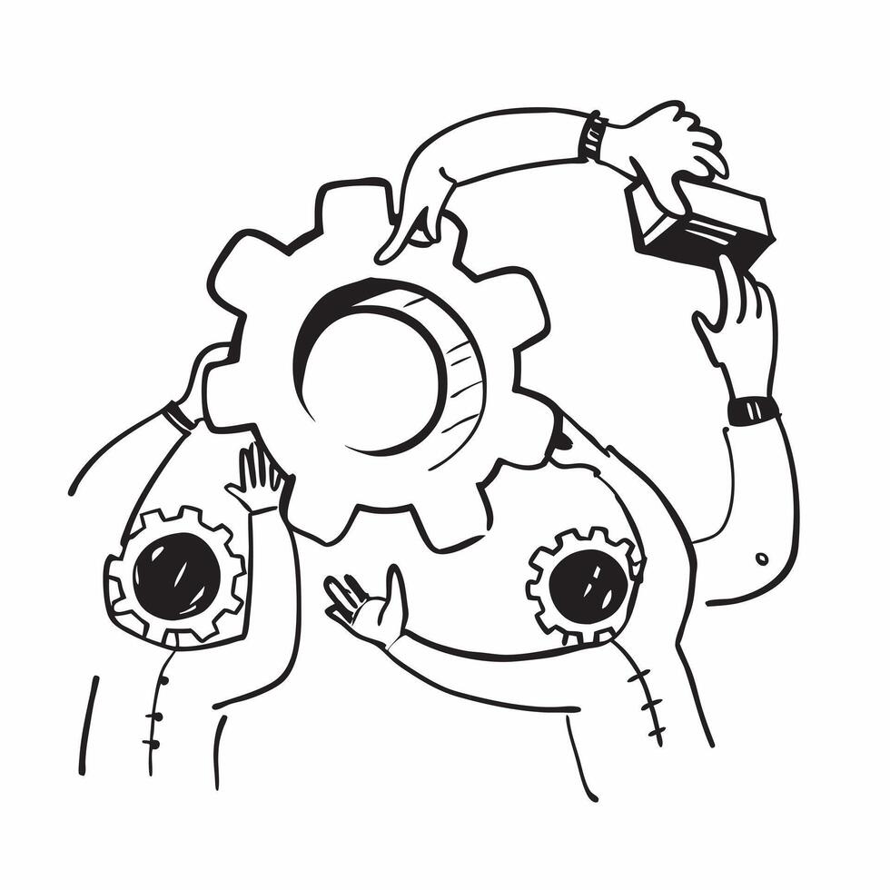 Clean Figures assembling a gear symbolizing problem solving and teamwork with ample space for text concept as Figures working together to assemble a gear representing problem solving an vector
