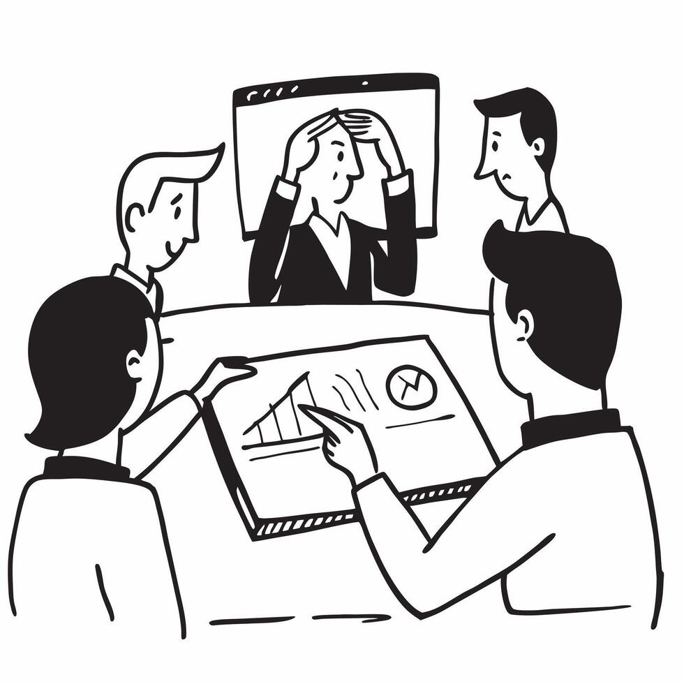 Clean Executives in a board meeting discussing financial reports concept as A icon illustration of executives in a board meeting discussing financial reports utilizing a 3 color palett vector