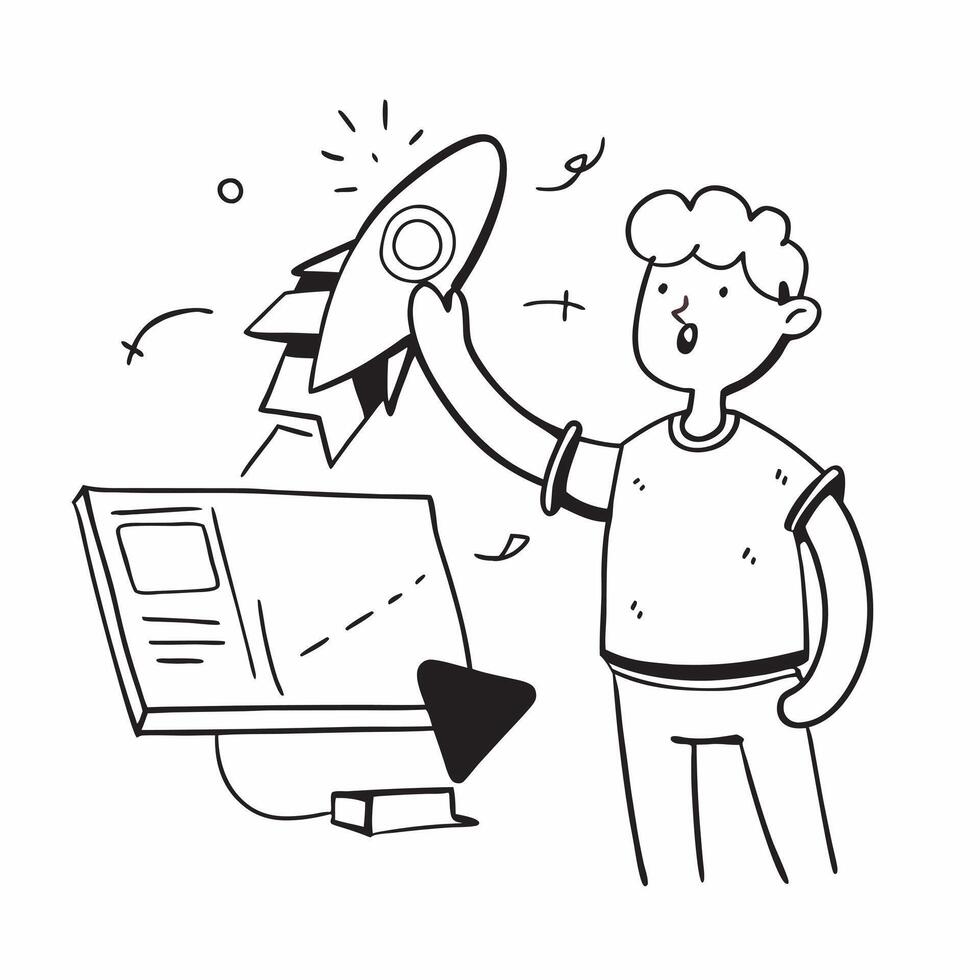 Clean Entrepreneur with a rocket and a laptop indicating startup success and innovation with room for text concept as An entrepreneur holding a small rocket model and a laptop symbolizi vector