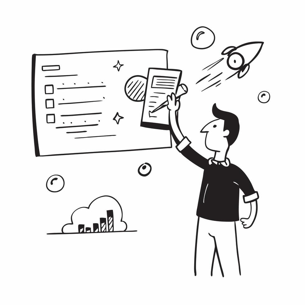 Clean Entrepreneur with a vision board and a rocket model symbolizing startup dreams with space for writing concept as An entrepreneur holding a vision board and a rocket model represen vector