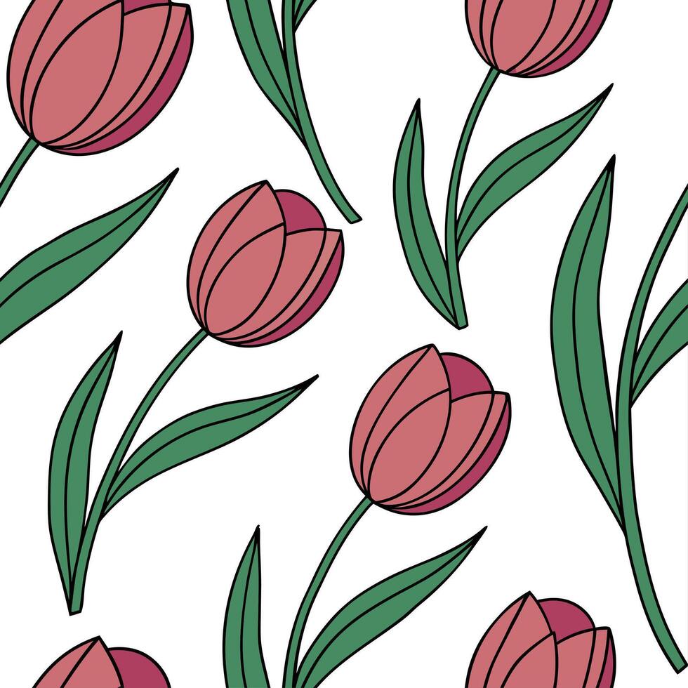 Clean Elegant tulip seamless tile pattern with graceful red blooms and green stems on white background ideal for luxurious bathrooms concept as Graceful red tulip blooms and green stems vector