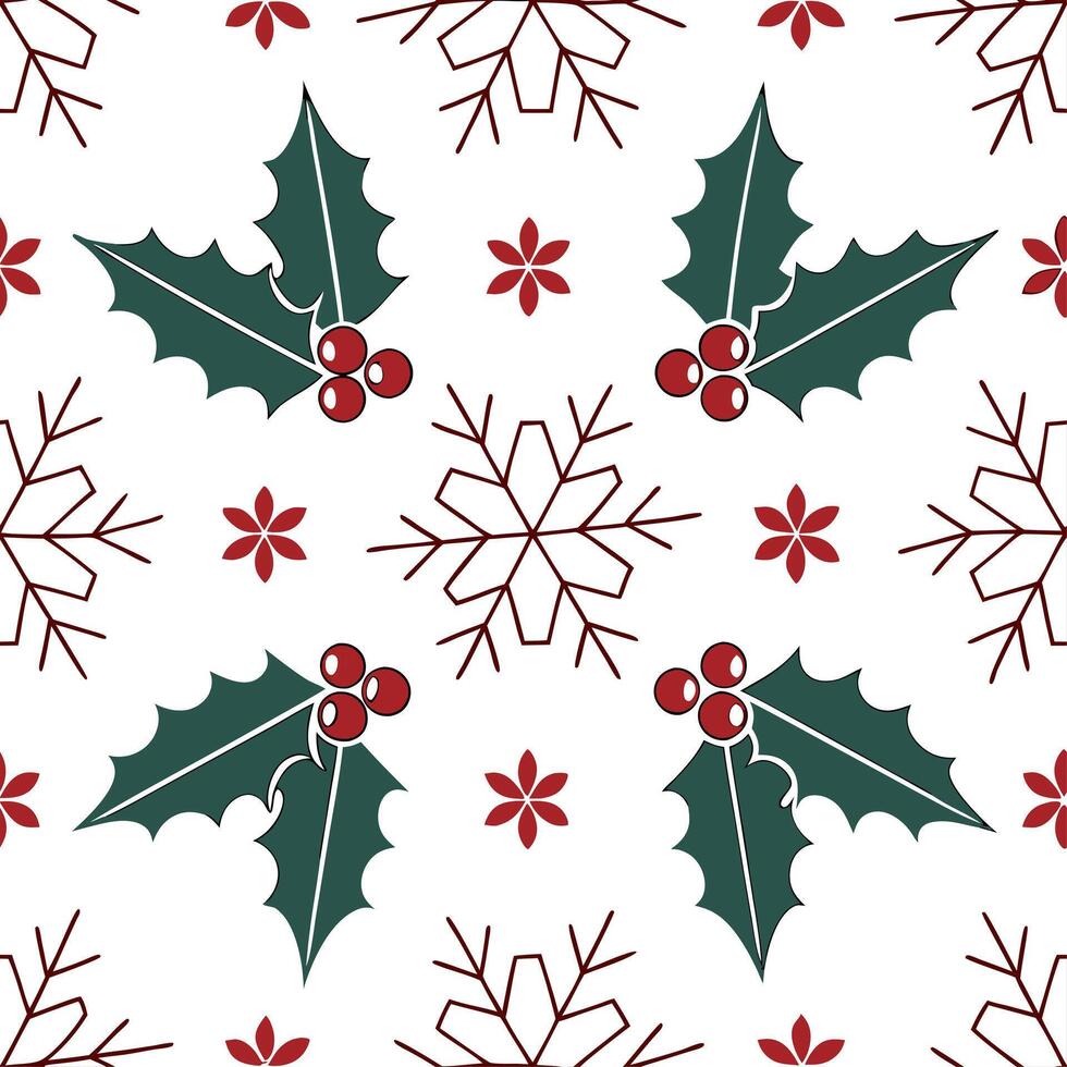 Clean Elegant snowflake and holly leaf seamless tile pattern with rich red and green tones concept as Rich red holly leaves and elegant snowflakes create seamless tile pattern with festi vector