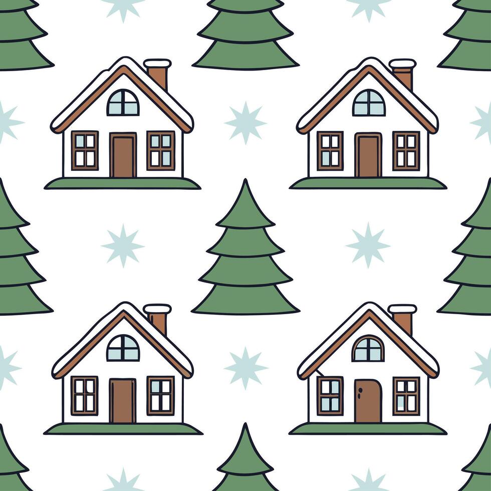 Clean Elegant snow covered cottages and pine trees seamless tile pattern with winter charm concept as Snow covered cottages and pine trees create elegant seamless tile pattern with winte vector