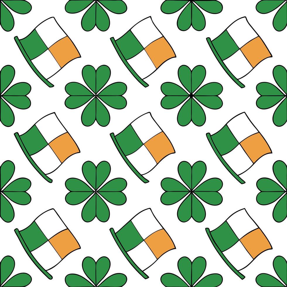 Clean Elegant shamrocks and Irish flags seamless tile pattern with rich green and orange hues concept as Rich green and orange hues highlight elegant shamrocks intertwined with Irish fla vector