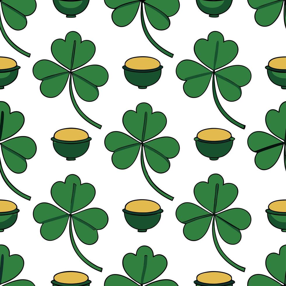 Clean Elegant Irish clovers and pots of gold seamless tile pattern with rich green and gold accents concept as Rich green and gold accents highlight elegant Irish clovers intertwined wit vector