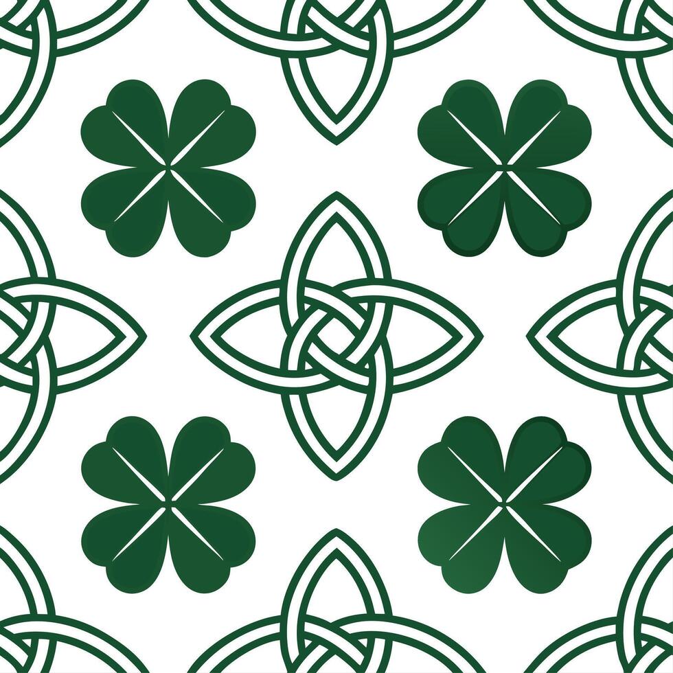 Clean Elegant Irish clovers and Celtic knots seamless tile pattern with rich green tones concept as Rich green tones highlight elegant Irish clovers intertwined with Celtic knots in seam vector
