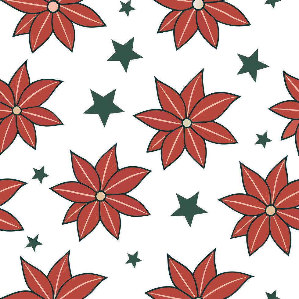 Clean Elegant poinsettia and Christmas star seamless tile pattern with rich festive hues concept as Rich festive hues adorn elegant poinsettias and Christmas stars in seamless tile patte vector
