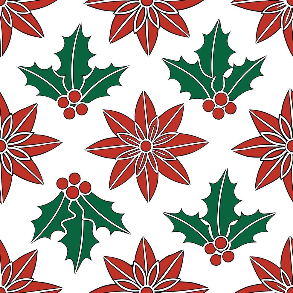 Clean Elegant poinsettia and holly seamless tile pattern with rich red and green hues concept as Rich red poinsettias and holly leaves create an elegant seamless tile pattern with vibran vector