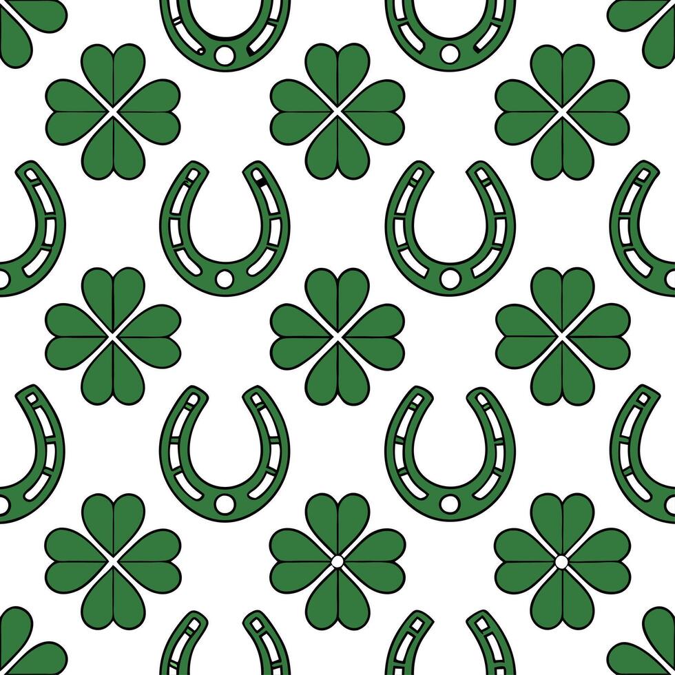 Clean Elegant four leaf clovers and horseshoes seamless tile pattern with rich green hues concept as Rich green hues highlight elegant four leaf clovers and horseshoes in seamless tile p vector
