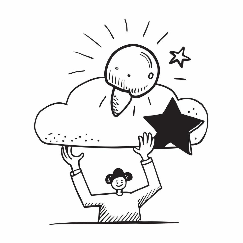 Clean Dreamer with a cloud icon and a star symbolizing dreams of celestial success with ample space for text concept as A dreamer holding a cloud icon and a star representing aspiration vector