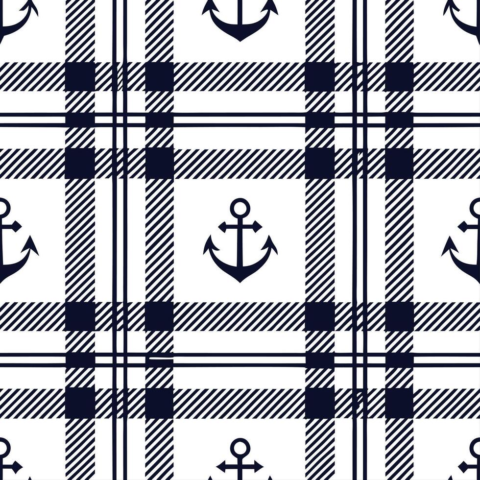 Clean Create a seamless pattern featuring tartan motifs with nautical elements in navy and white concept as Design a repeating pattern that blends traditional tartan designs with nautica vector
