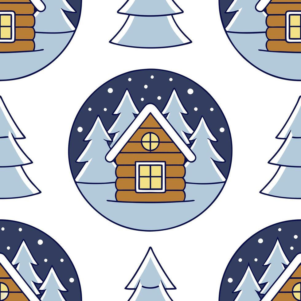 Clean Cozy winter cabin seamless tile pattern with snow covered rooftops and warm lights concept as Snow covered rooftops and warm lights on cozy cabins create a seamless tile pattern pe vector