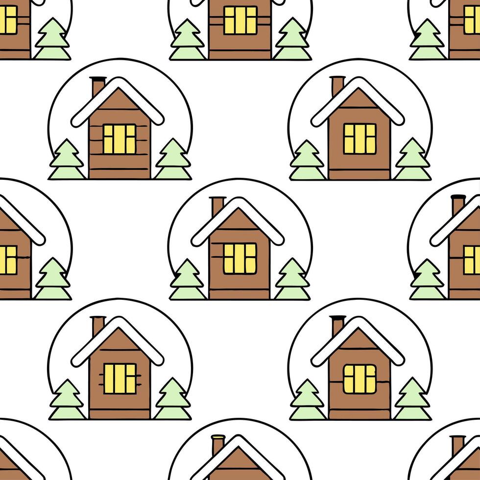 Clean Cozy winter cabin seamless tile pattern with snow covered rooftops and warm lights concept as Snow covered rooftops and warm lights on cozy cabins create a seamless tile pattern pe Set 2 vector