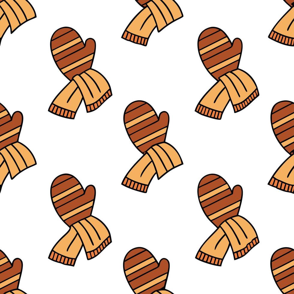 Clean Cozy knitted mittens and scarves seamless tile pattern with autumn hues and textures concept as Knitted mittens and scarves in autumn hues create a cozy seamless tile pattern with Set 2 vector