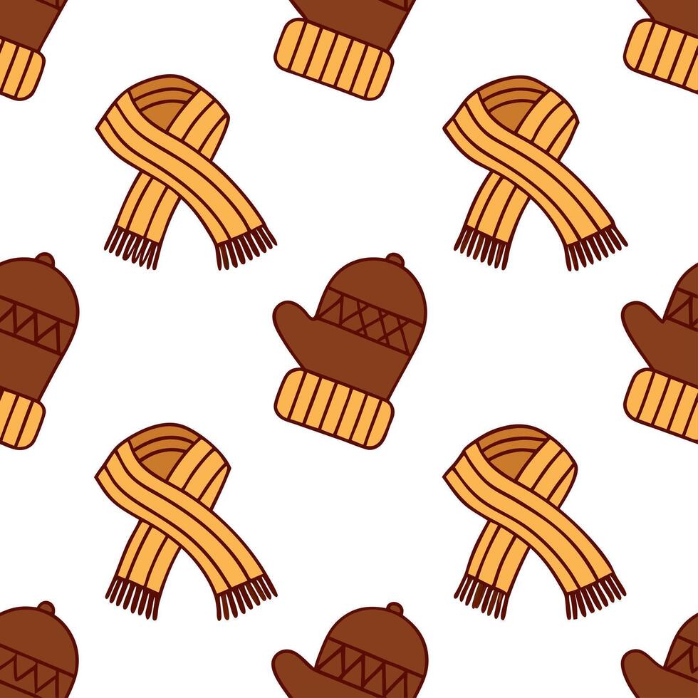 Clean Cozy knitted mittens and scarves seamless tile pattern with autumn hues and textures concept as Knitted mittens and scarves in autumn hues create a cozy seamless tile pattern with vector
