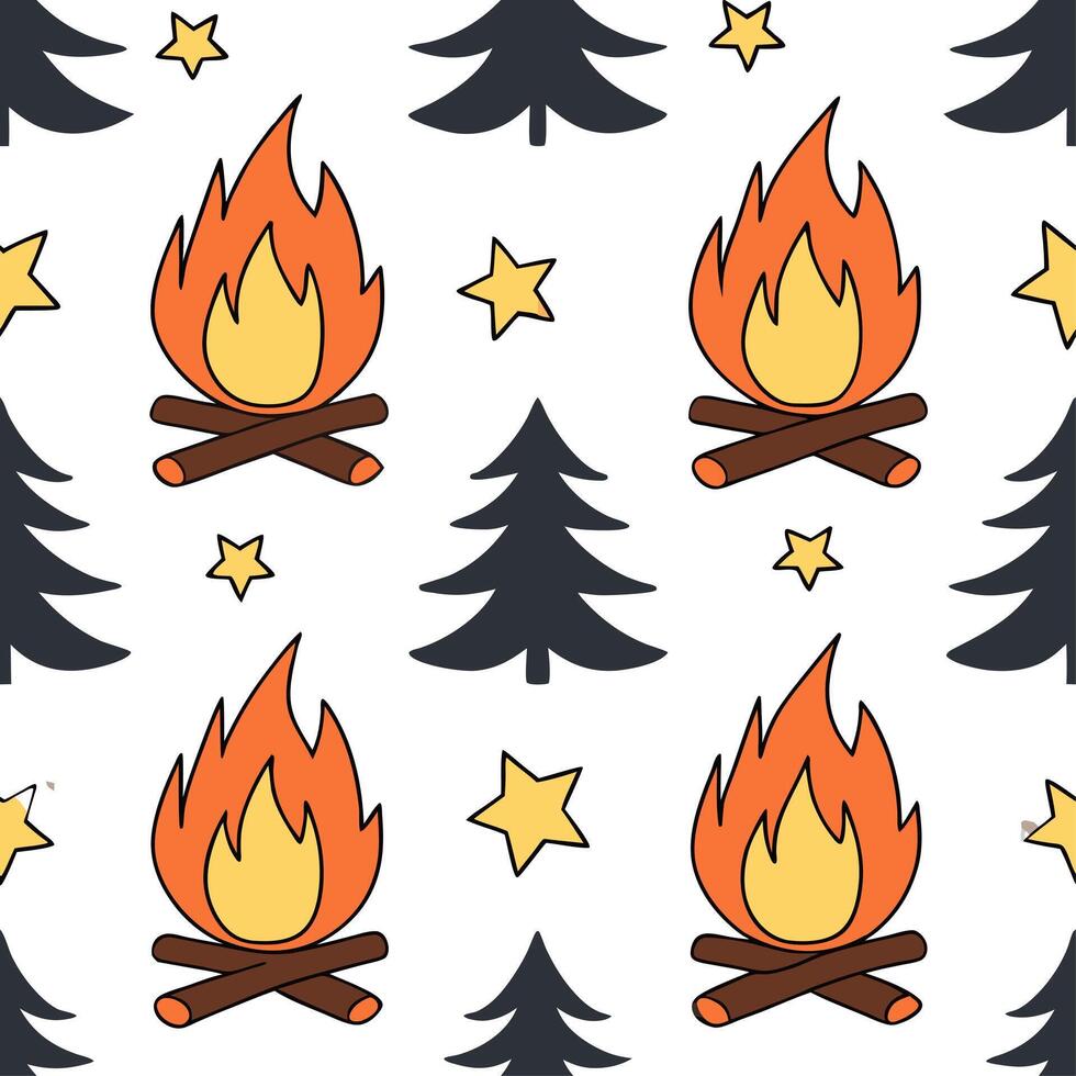 Clean Cozy bonfire seamless tile pattern with warm flames and autumn night elements concept as Warm flames and autumn night elements create a cozy bonfire seamless tile pattern perfect f vector