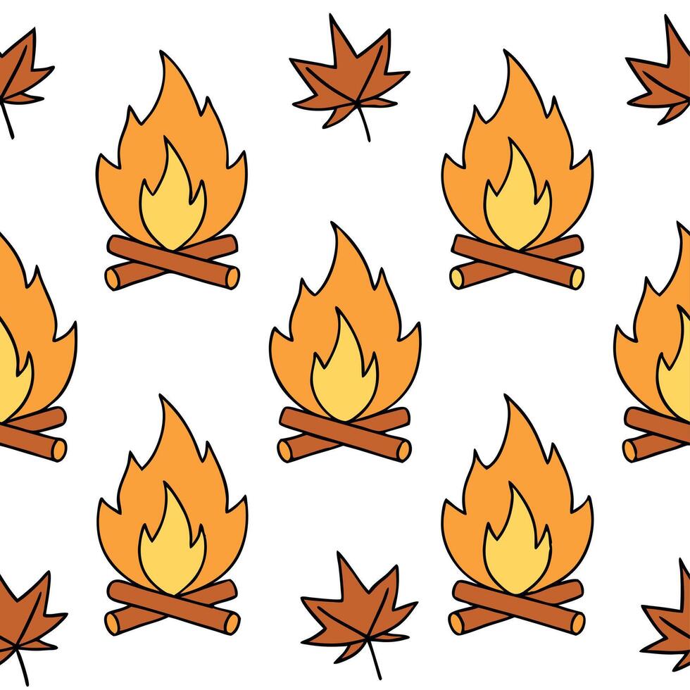 Clean Cozy bonfire and fall leaves seamless tile pattern with warm autumn tones concept as Warm bonfire flames and fall leaves create a cozy autumn seamless tile pattern perfect for fall vector