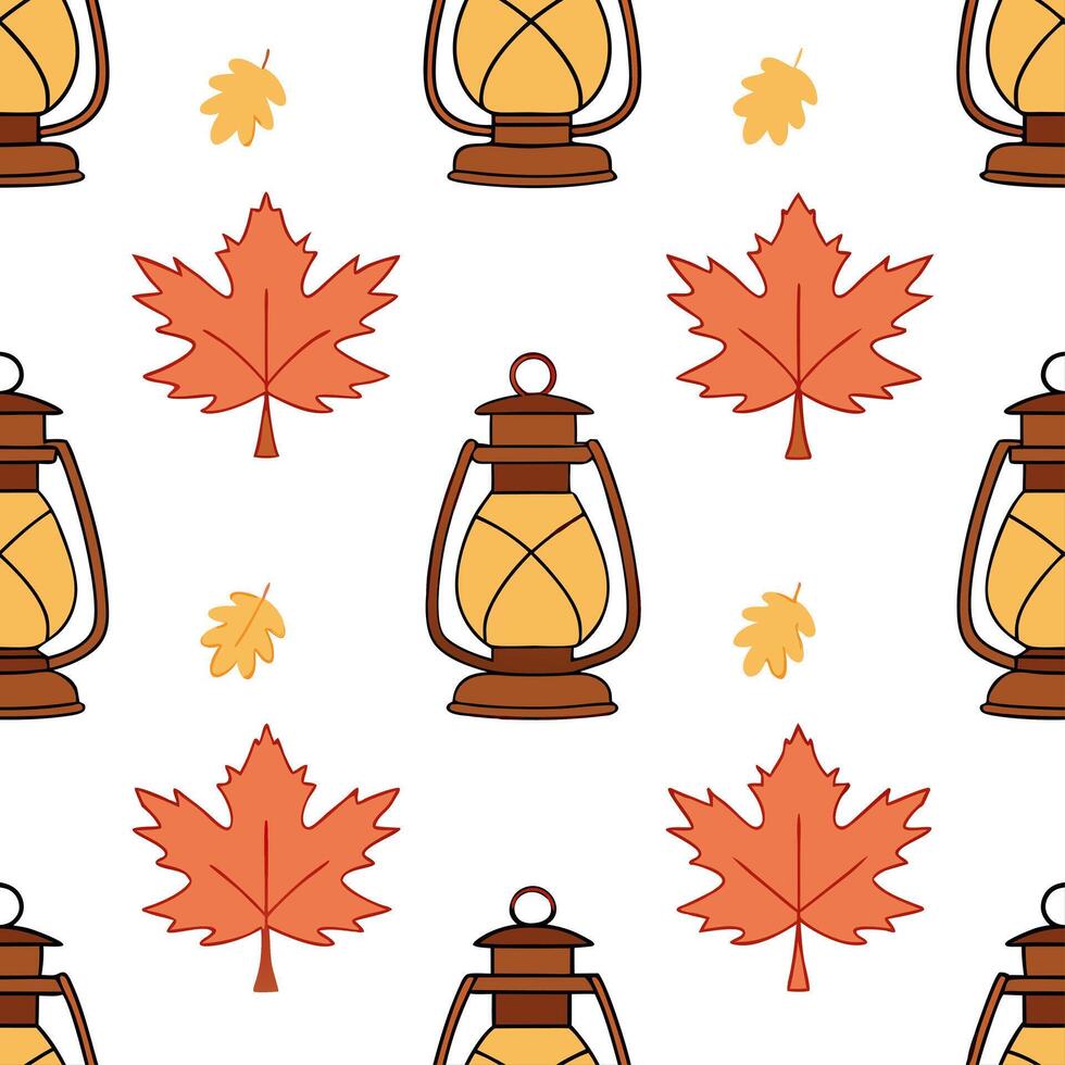 Clean Cozy autumn lanterns seamless tile pattern with warm lights and fall foliage concept as Warm lit autumn lanterns and fall foliage create a cozy seamless tile pattern perfect for fa vector