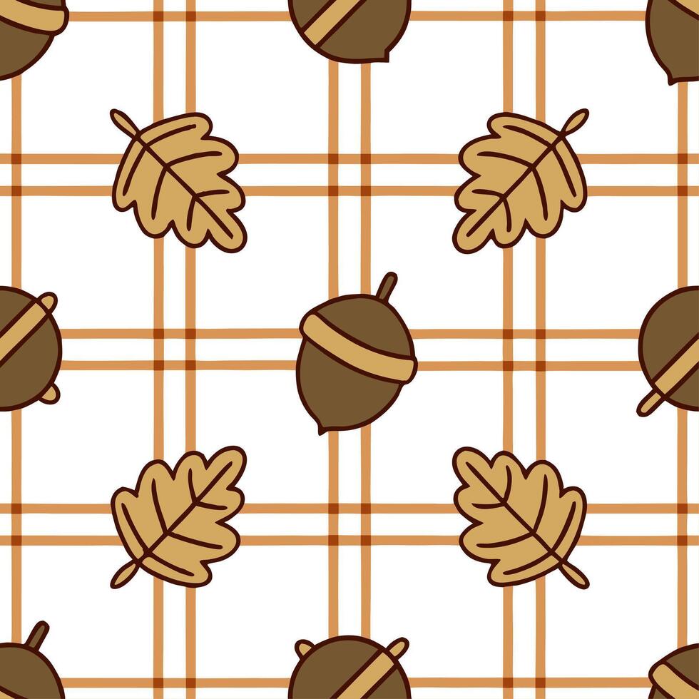 Clean Cozy autumn plaid and acorns seamless tile pattern with warm colors and rustic textures concept as Autumn plaid combined with warm acorns create a rustic seamless tile pattern with vector