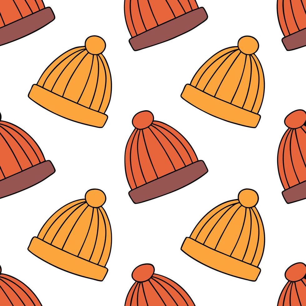 Clean Cozy autumn knit hats seamless tile pattern with warm colors and textured details concept as Warm colored knitted hats with textured details create a cozy autumn knit hats seamless vector