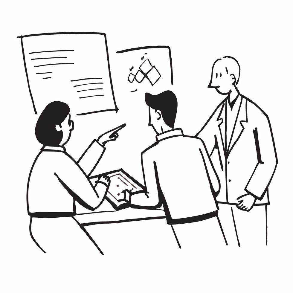 Clean Colleagues discussing business strategy in a conference room concept as A illustration of colleagues discussing business strategy in a conference room utilizing a 3 color pa vector
