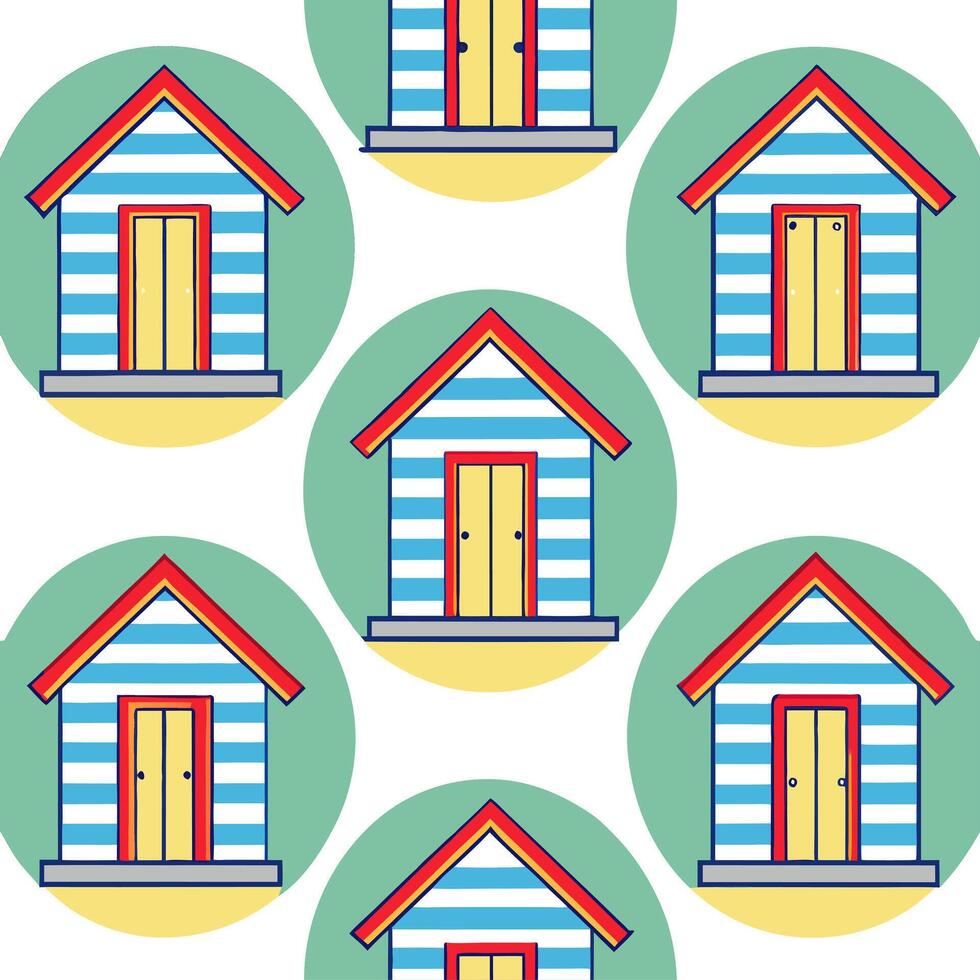 Clean Coastal beach huts seamless tile pattern with vibrant colors and beach house atmosphere concept as Colorful coastal beach huts create a fun vibrant seamless tile pattern full of be vector