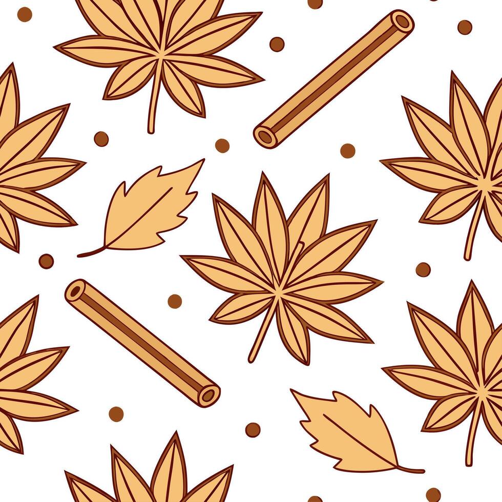 Clean Cinnamon and spice seamless tile pattern with autumn leaves and warm earth tones for cozy seasonal decor concept as Autumn leaves and spice elements like cinnamon arranged seamless vector