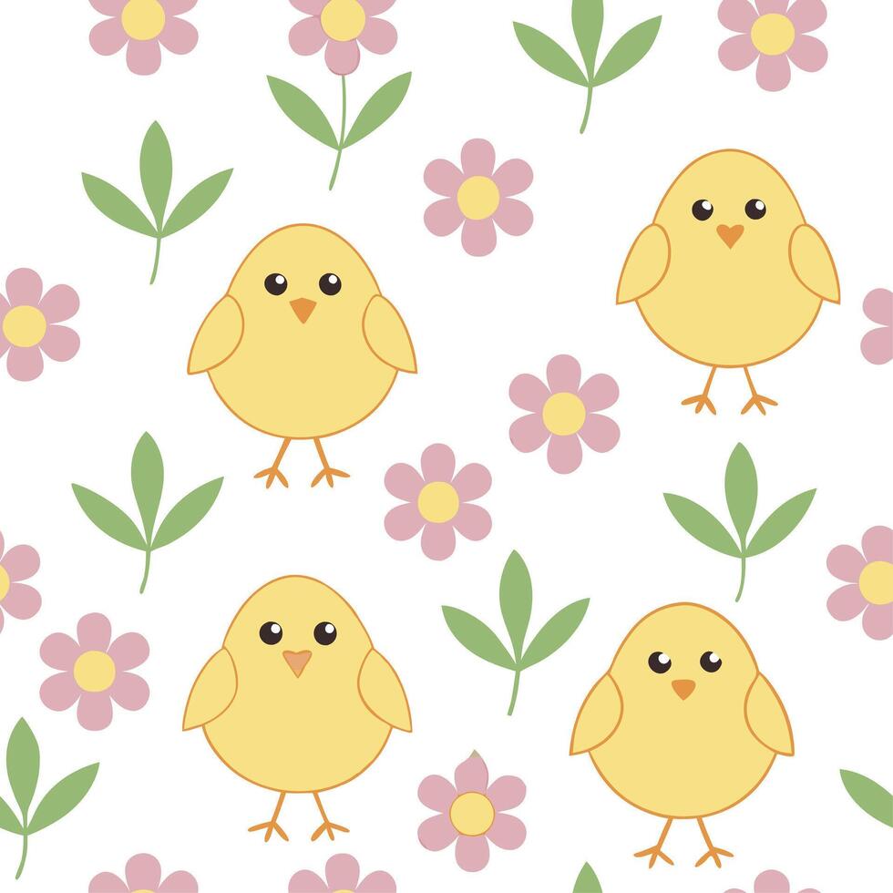 Clean Charming Easter chicks and spring flowers seamless tile pattern with pastel colors concept as Pastel colors highlight charming Easter chicks amidst spring flowers in seamless tile vector