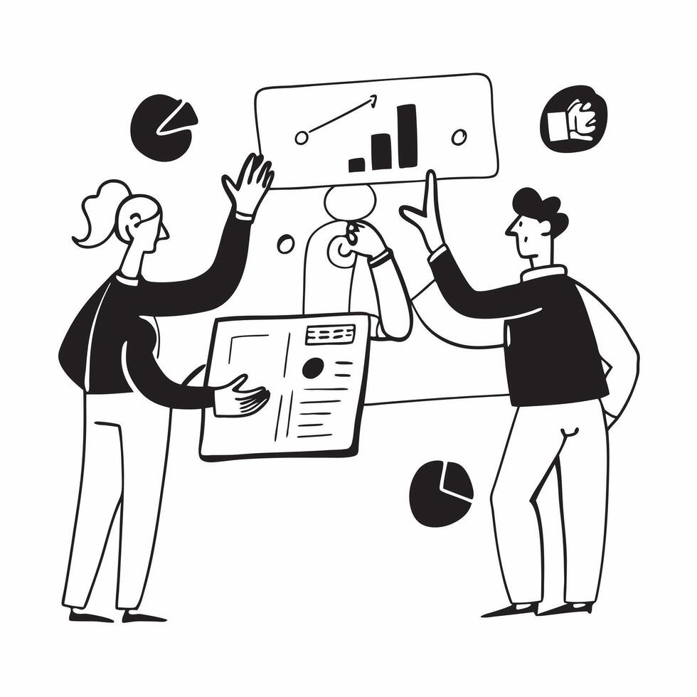 Clean Business team collaborating on a customer engagement strategy concept as A illustration of a business team collaborating on a customer engagement strategy using laptops and Set 2 vector