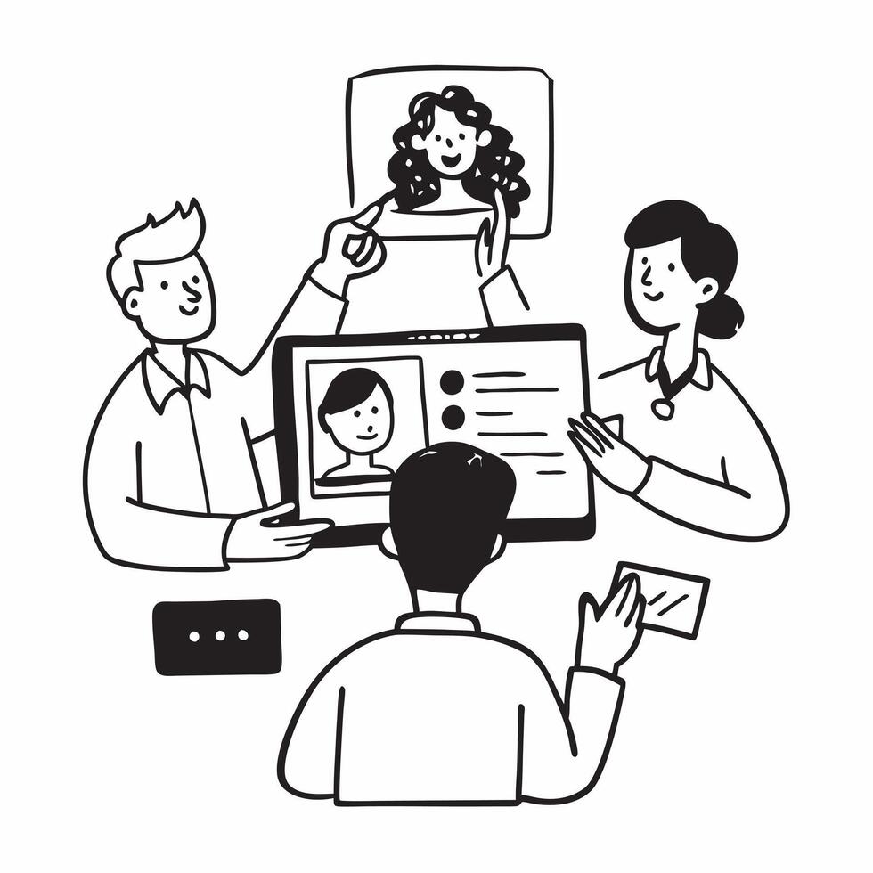 Clean Business team having a conference meeting concept as A illustration of a business team having a conference meeting using a 3 color scheme to highlight remote col vector