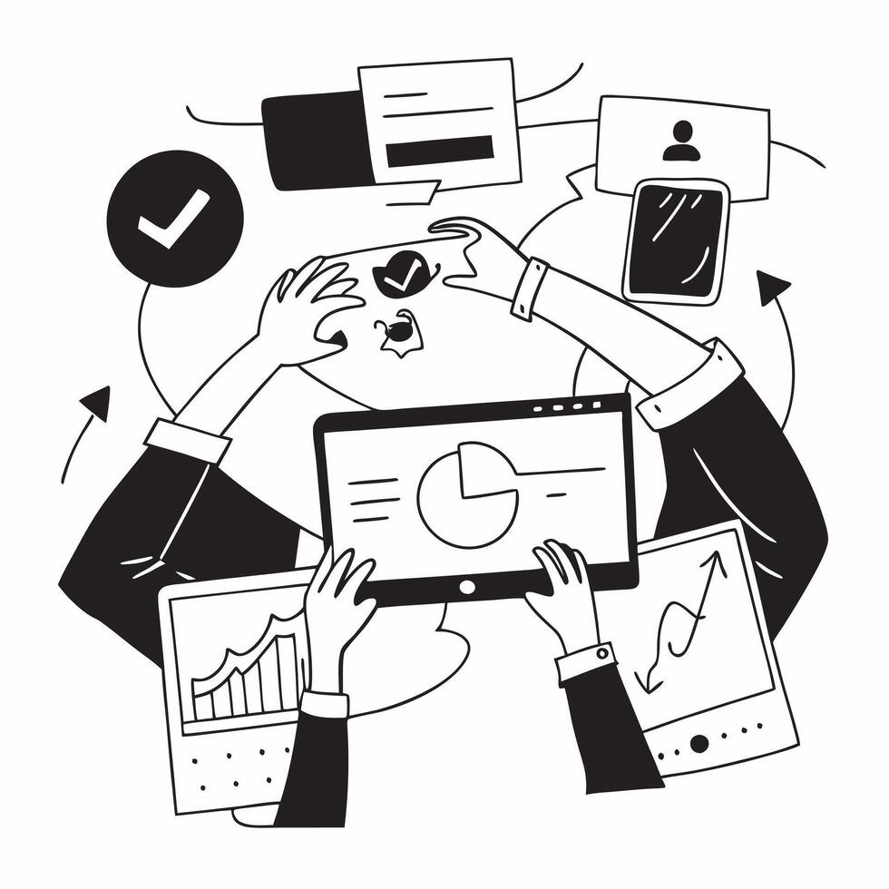 Clean Business team collaborating on a digital transformation project concept as A illustration of a business team collaborating on a digital transformation project using laptops vector