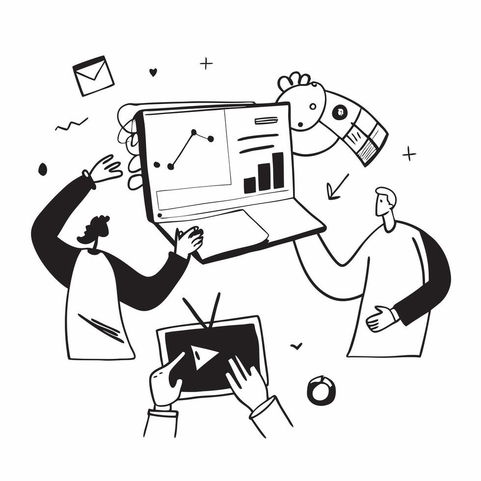 Clean Business team collaborating on an e commerce strategy concept as A illustration of a business team collaborating on an e commerce strategy using laptops and digital tools wi vector