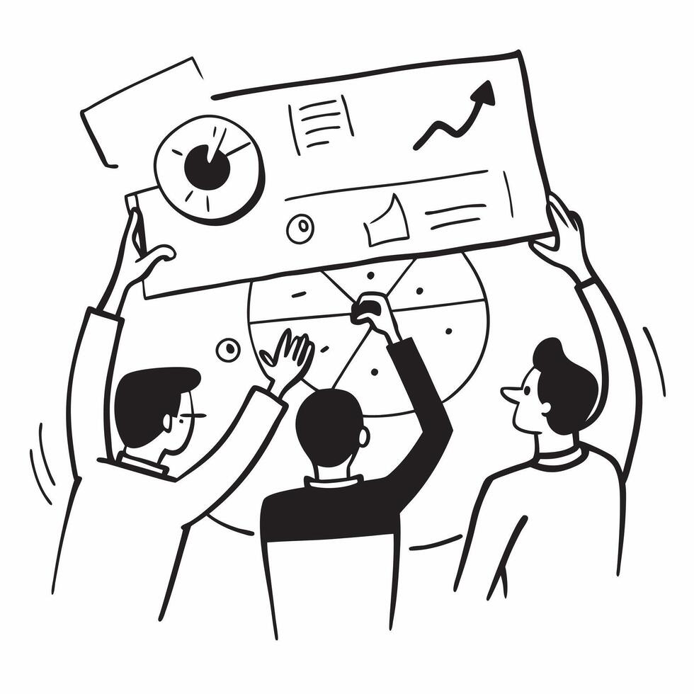 Clean Business team evaluating risks in a strategic planning meeting concept as A illustration of a business team evaluating risks in a strategic planning meeting using a 3 color vector