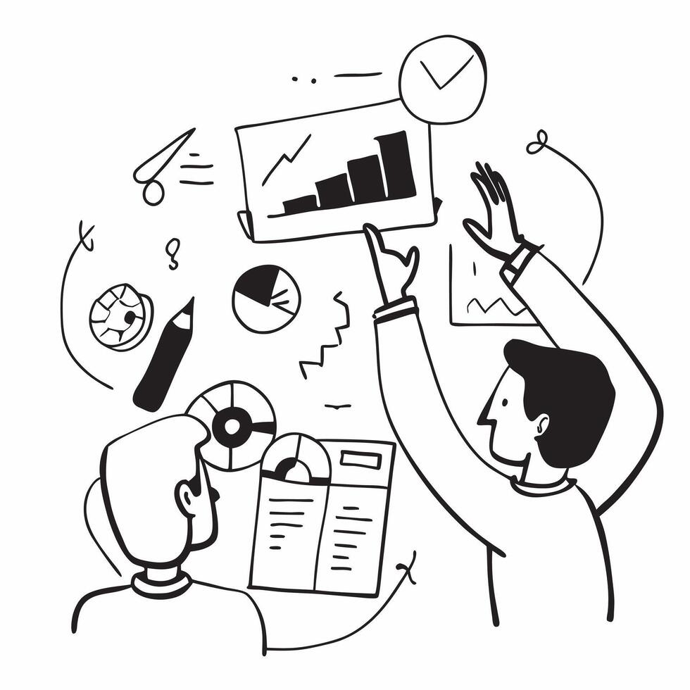 Clean Business partners working on a project concept as A illustration of business partners working on a project together using charts and graphs with an 8 color palette to highli vector