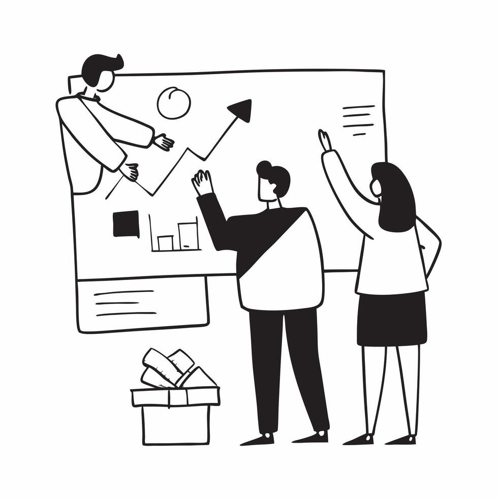 Clean Business leaders collaborating on strategy development concept as A illustration of business leaders collaborating on strategy development using digital whiteboards and char vector