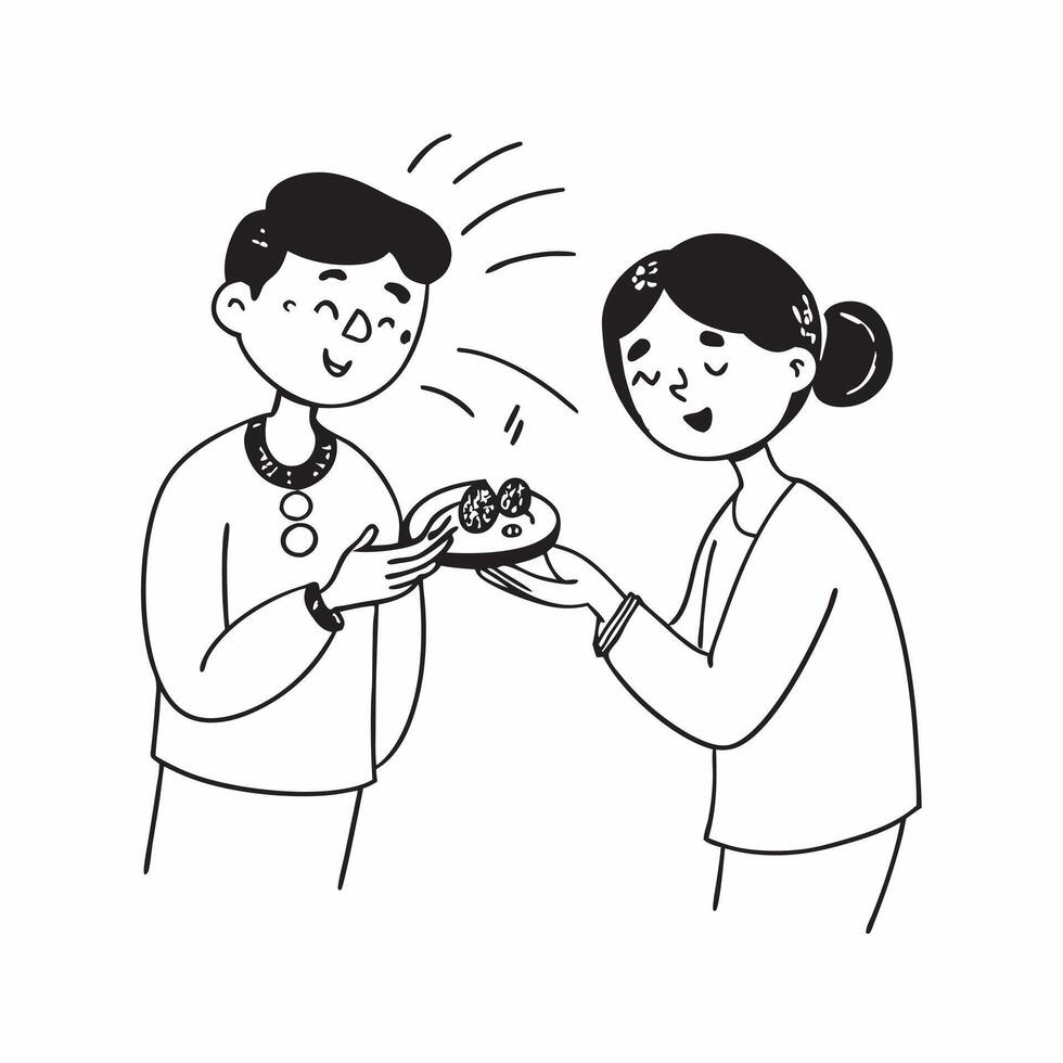 Clean Brother with Rakhi and Sister with Decorative Plate concept as A brother wearing a Rakhi while the sister holds a decorative plate with ample copy space symbolizing the festive pre vector