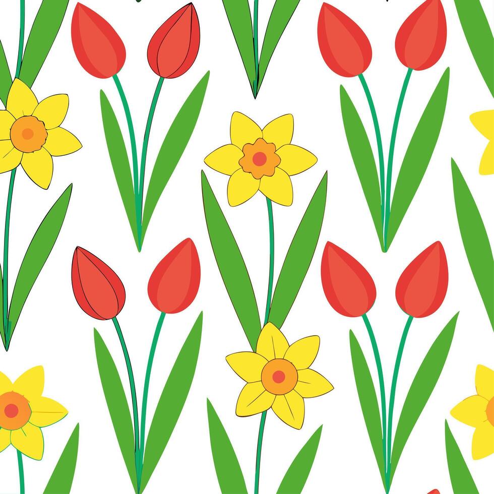 Clean Bright and colorful spring garden seamless pattern with daffodils and tulips for lively garden spaces concept as A lively garden full of daffodils and tulips arranged in a seamless vector
