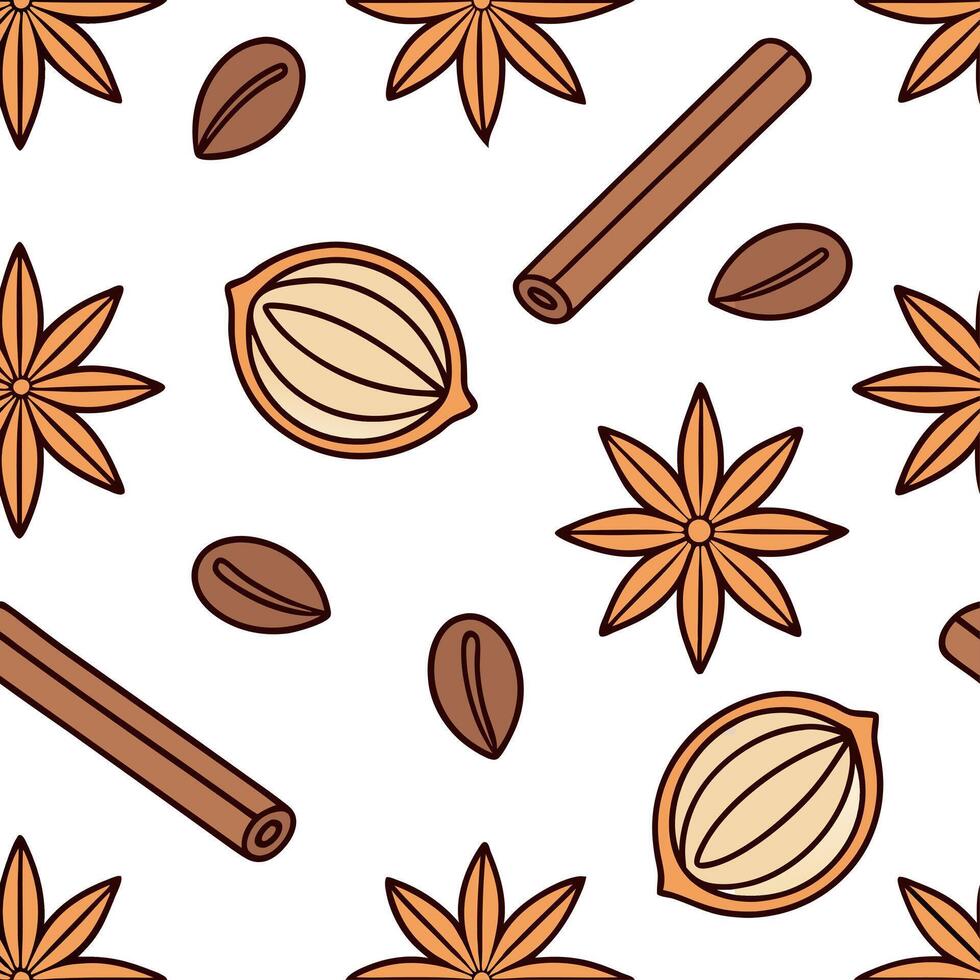 Clean Autumn spices seamless tile pattern with cinnamon sticks nutmeg and cloves in warm tones concept as Cinnamon sticks nutmeg and cloves in warm tones create an autumn spices seamless vector