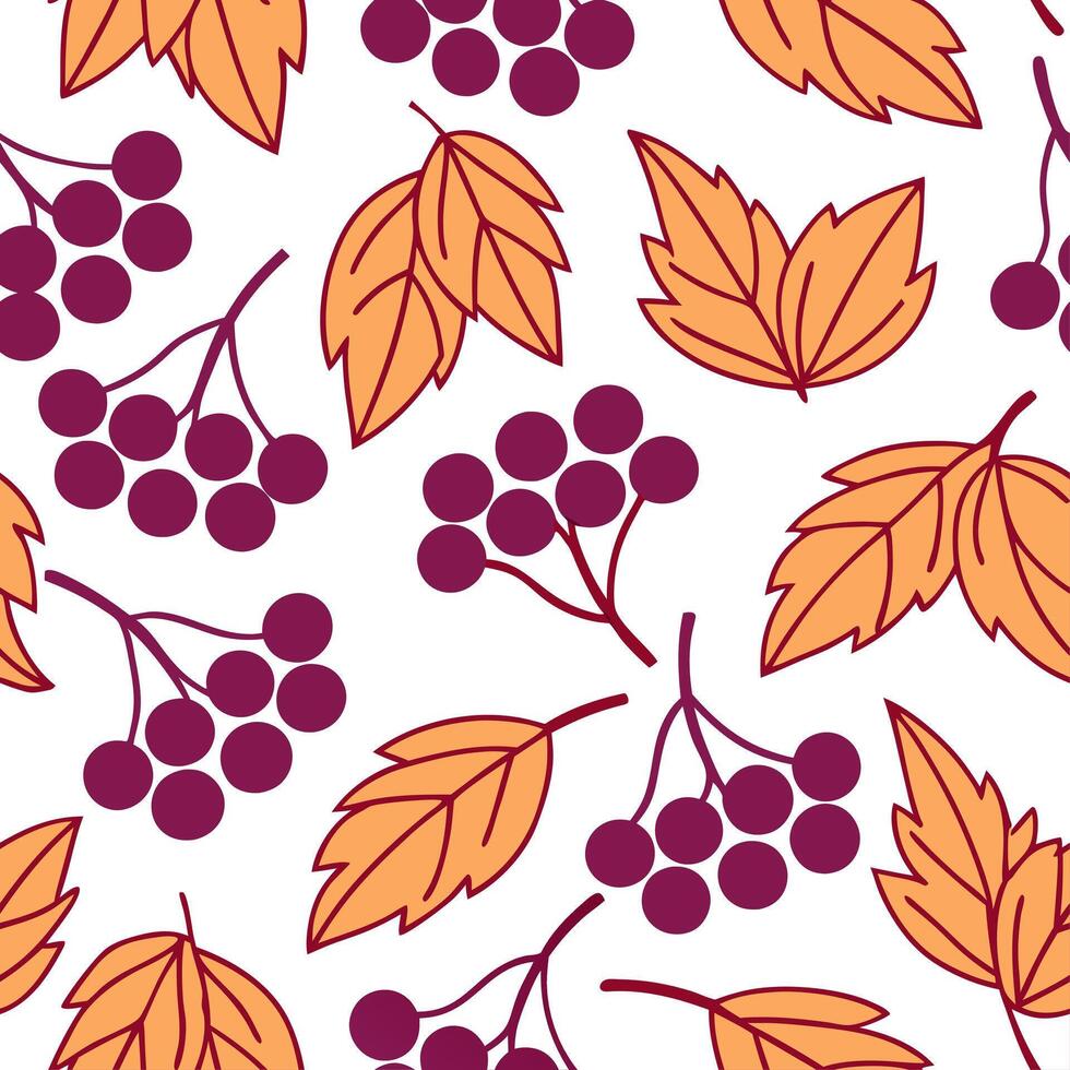 Clean Autumn berries and leaves seamless tile pattern with deep reds purples and warm oranges concept as Deep red purple and warm orange autumn berries and leaves create a vibrant seamle vector