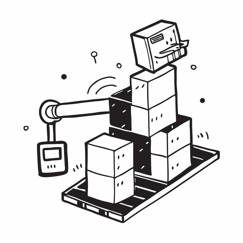 Clean Automated palletizer and a logistics software symbolizing automated palletizing in double exposure with copy space concept as An automated palletizer blended with logistics softwa vector