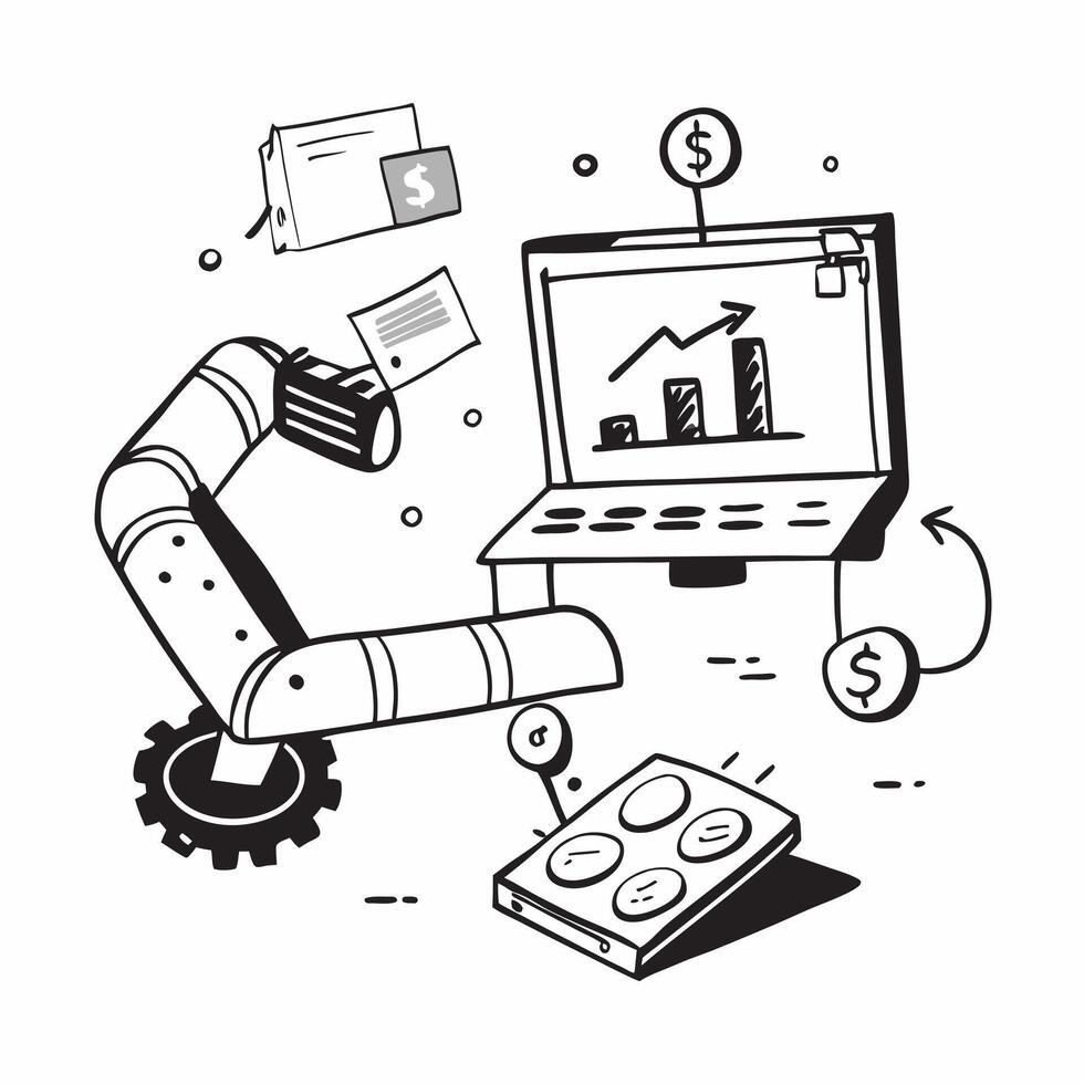 Clean Automated conveyor system and a financial dashboard symbolizing cost efficient automation in double exposure with copy space concept as An automated conveyor system blended with a vector