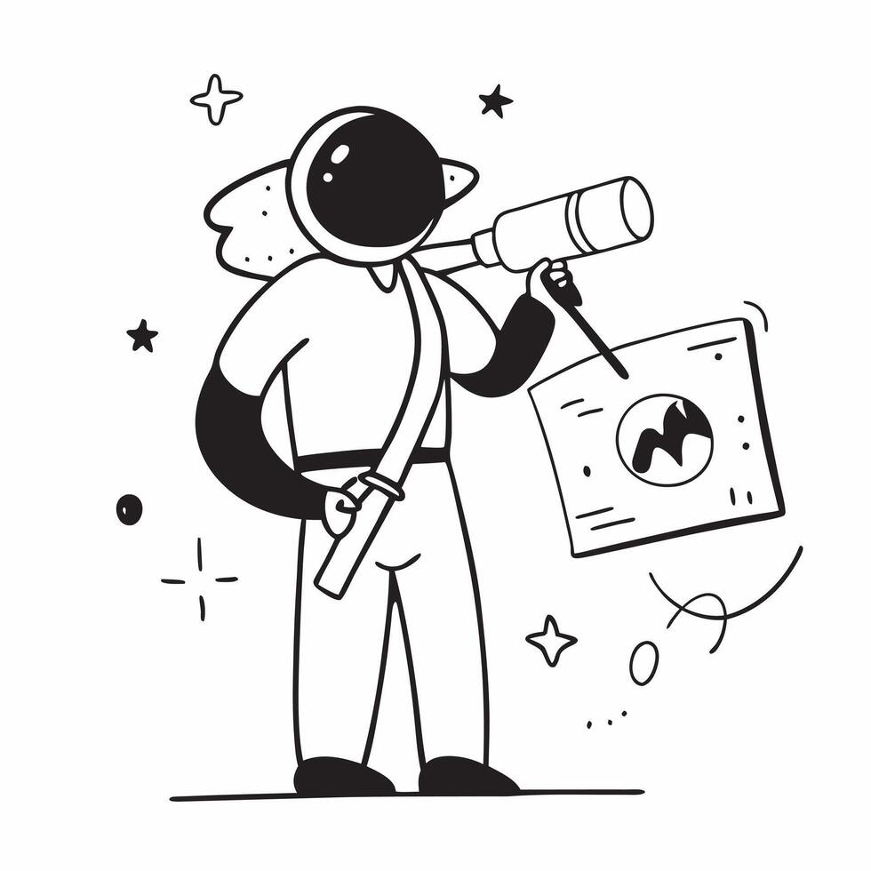 Clean Astronaut with a telescope and a star map representing exploration and discovery with space for text concept as An astronaut holding a telescope and a star map indicating explorat vector
