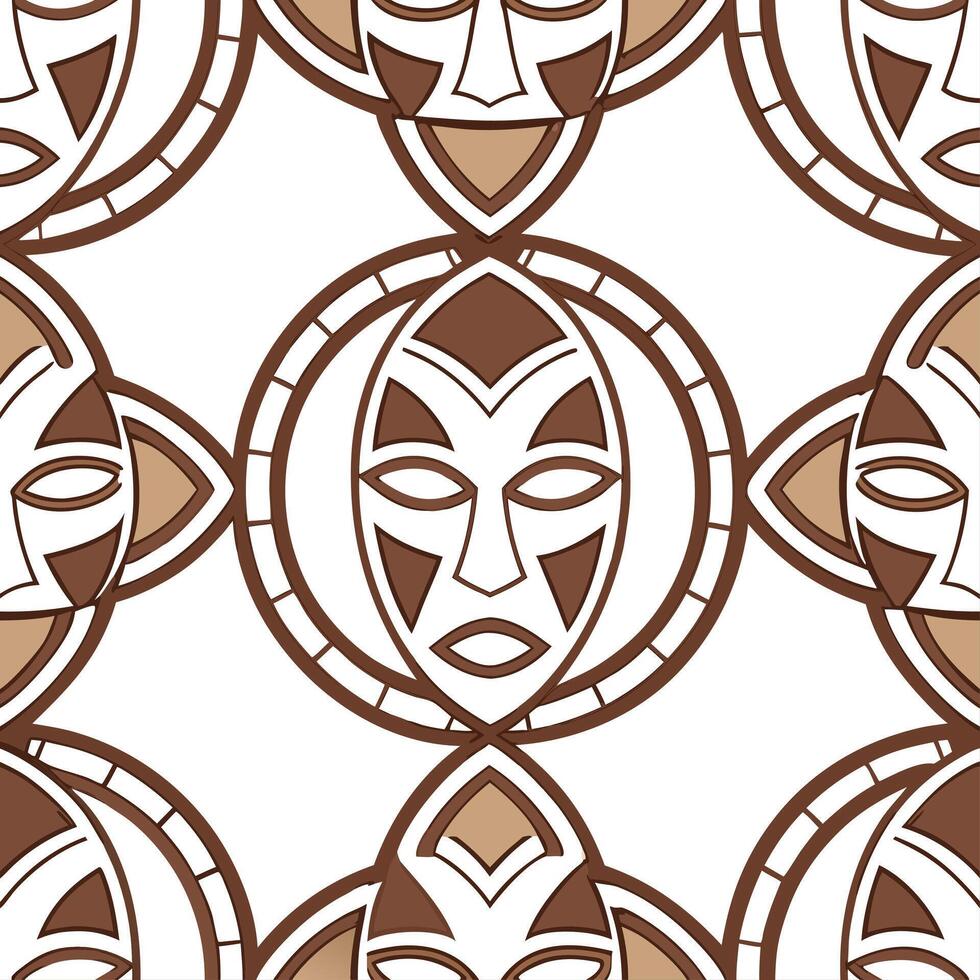 Clean African tribal masks and geometric patterns seamless tile pattern with earthy tones concept as Earthy tones highlight African tribal masks intertwined with geometric patterns in se vector