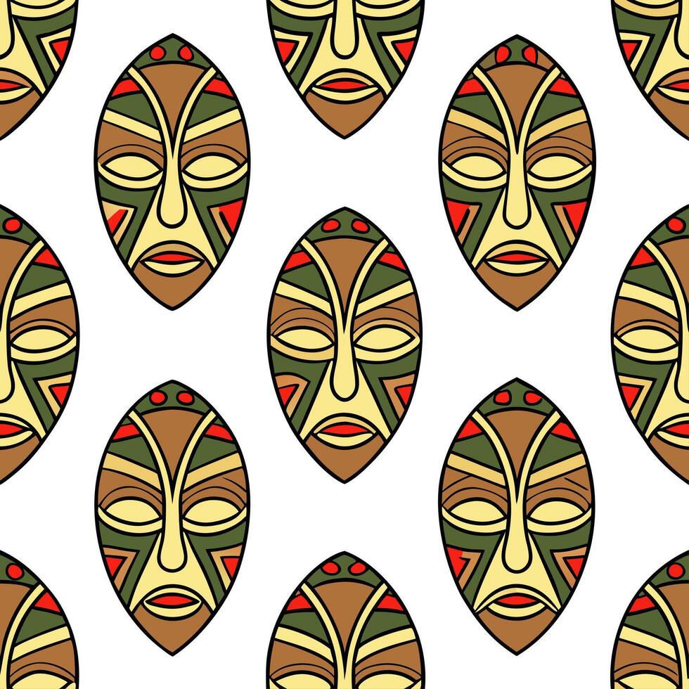 Clean African tribal masks and vibrant patterns seamless tile pattern with earthy color palette concept as Earthy color palette highlights African tribal masks intertwined with vibrant p vector