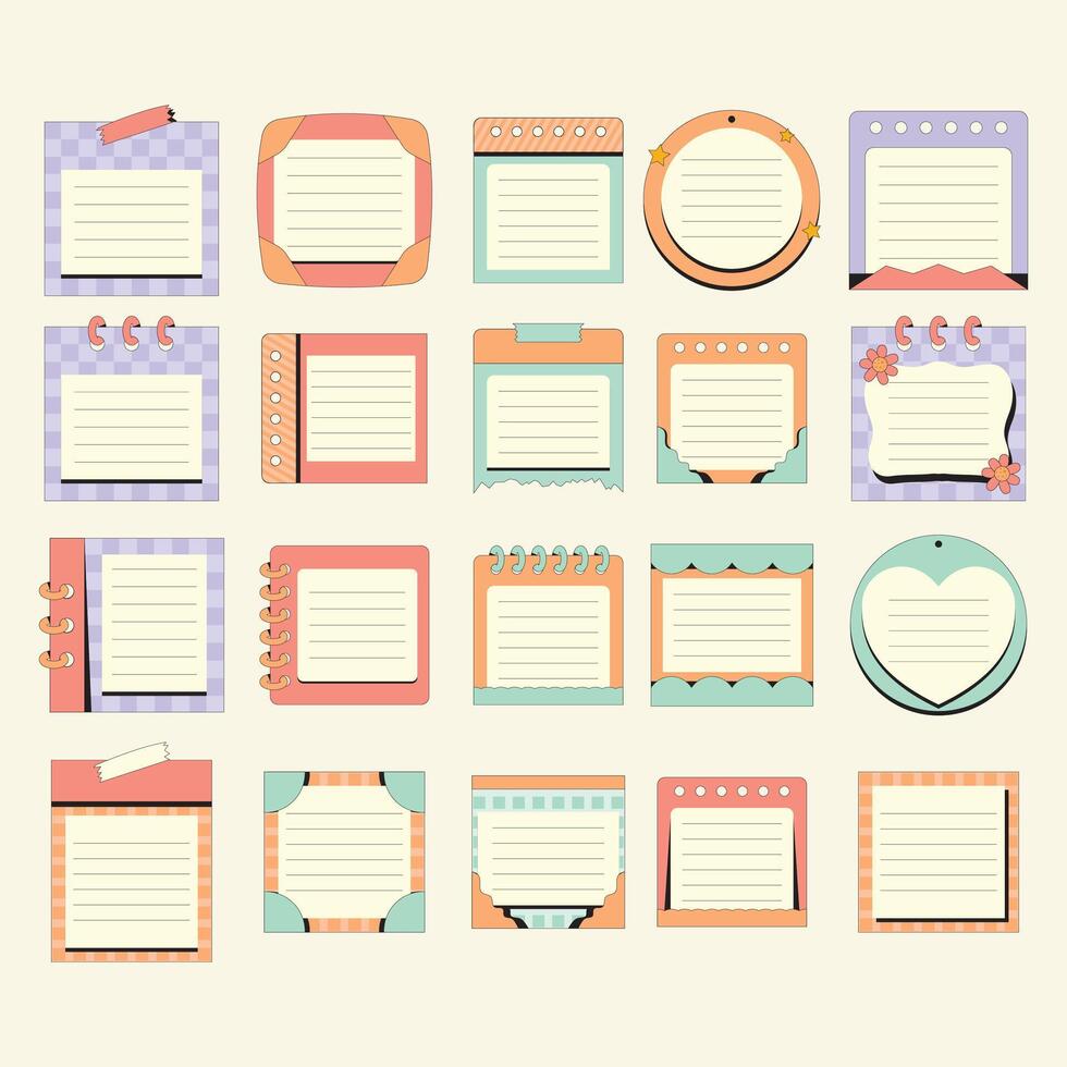 Set Retro Sticky Note Planner Cartoon Illustration vector