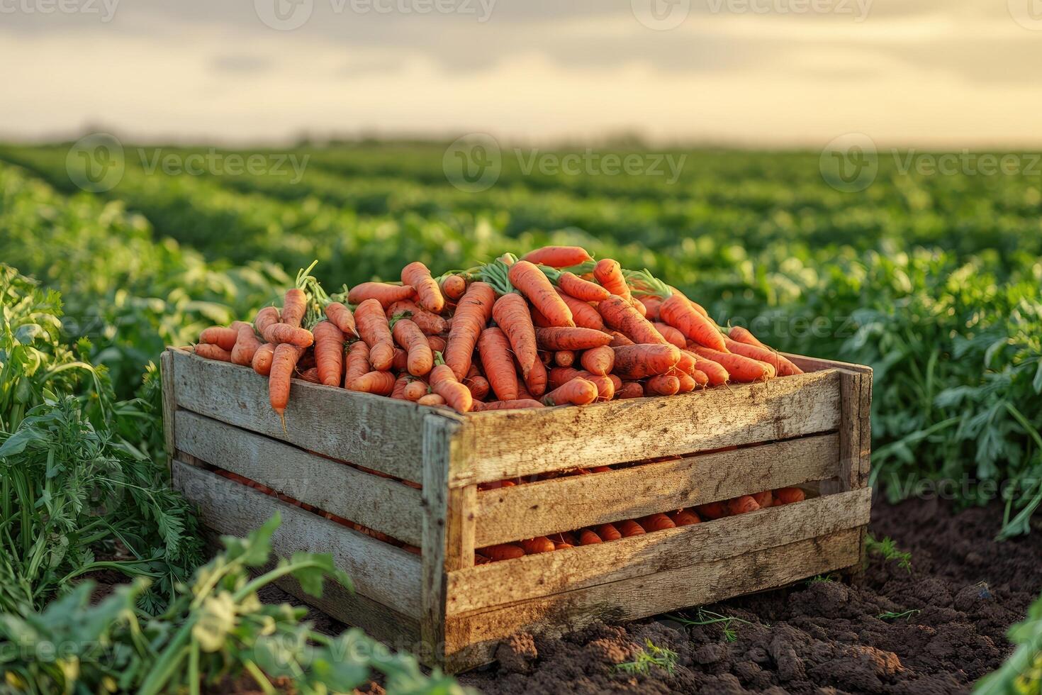 Freshly harvested carrots in wooden crate on farm photo