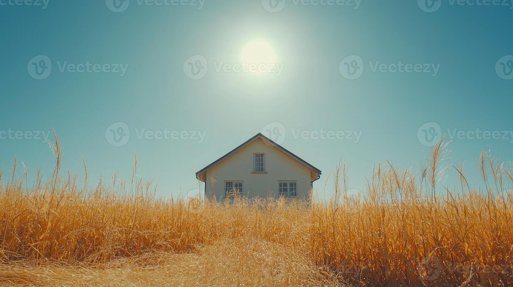 Lonely house standing in a golden wheat field under the summer sun photo